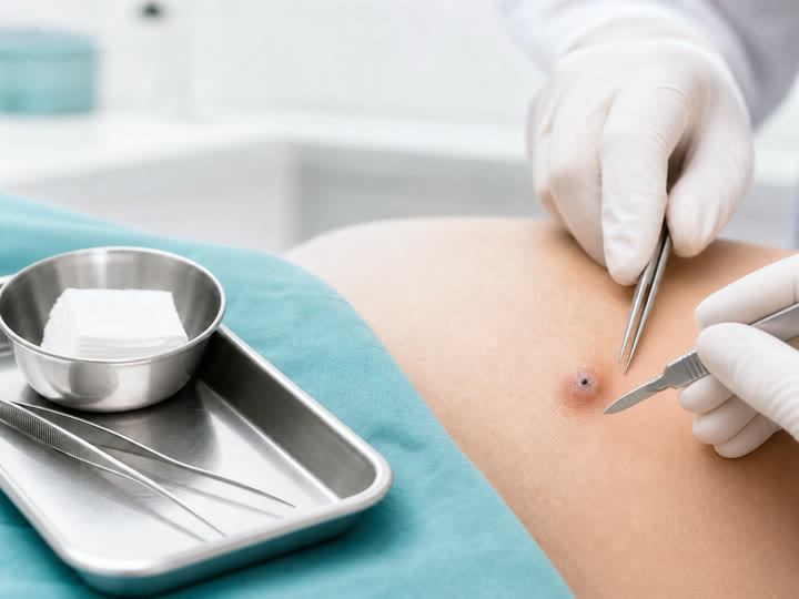 Preparación clínica para una cirugía menor con bisturí y pinzas estériles