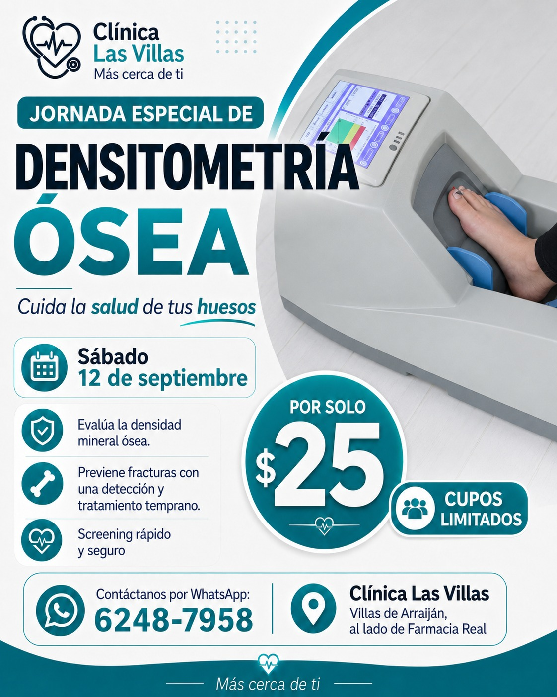 Jornada especial de densitometría ósea en Clínica Las Villas: sábado 12 de septiembre por 25 dólares, cupos limitados