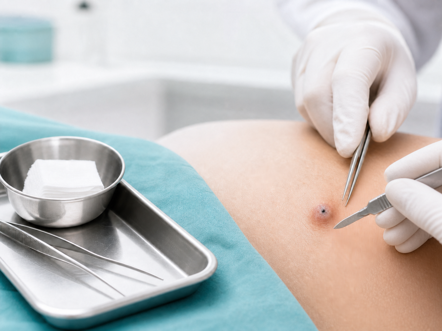 Preparación clínica para una cirugía menor con bisturí y pinzas estériles